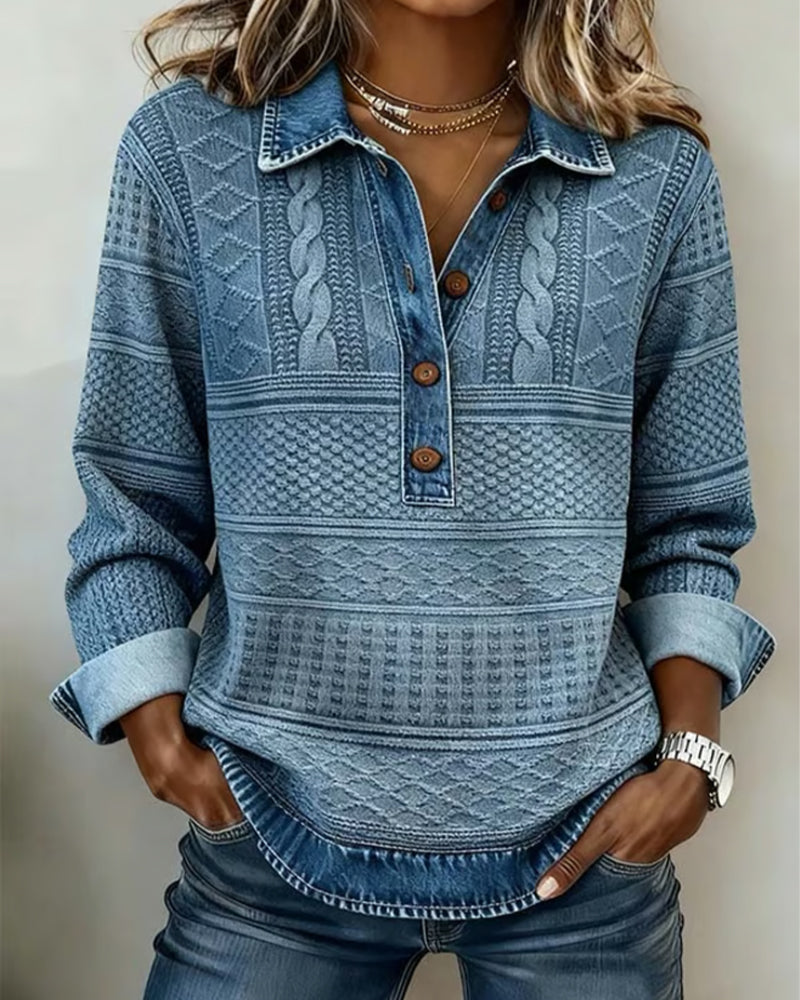 Dames-sweatshirt met halve knoopsluiting - denimlookkraag en textuurdetails
