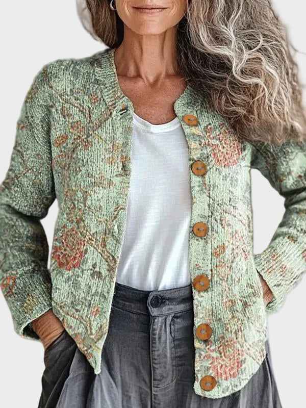Damesvest van breiwerk met botanische print - knoopsluiting