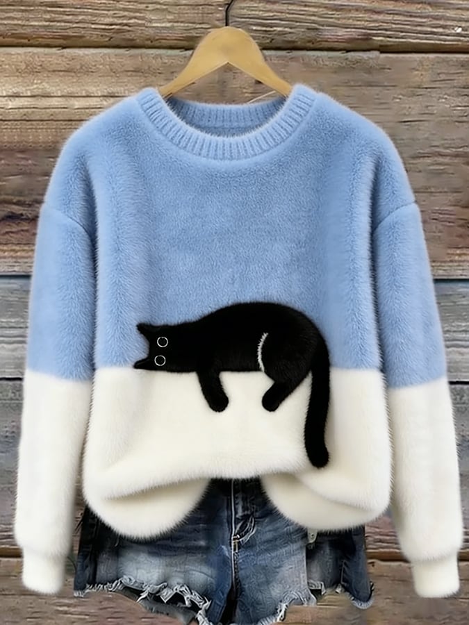 Women's knit sweatshirt - Two-tone with black cat motif