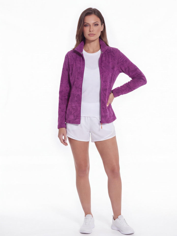 Women's Zip-Up Fleece Jacket with Stand-Up Collar and Foliage Pattern