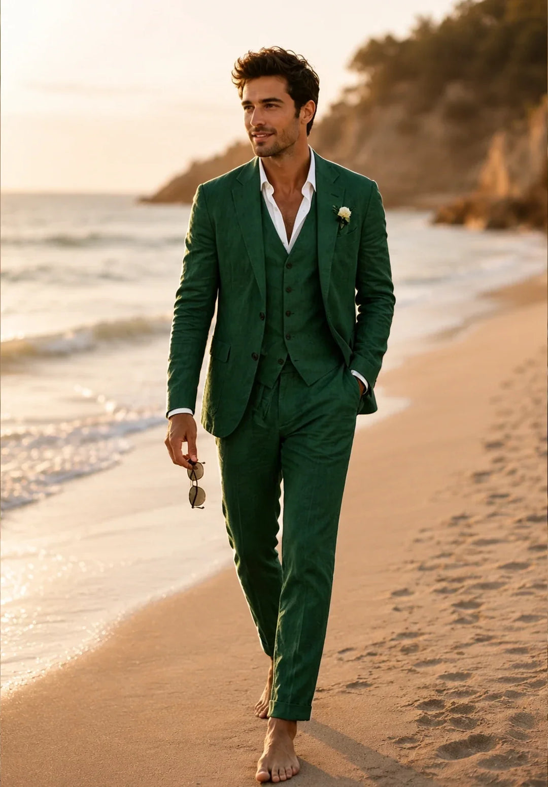 Costume Trois Pièces Homme Coupe Slim en Lin Respirant avec Col Notch et Gilet Six Boutons