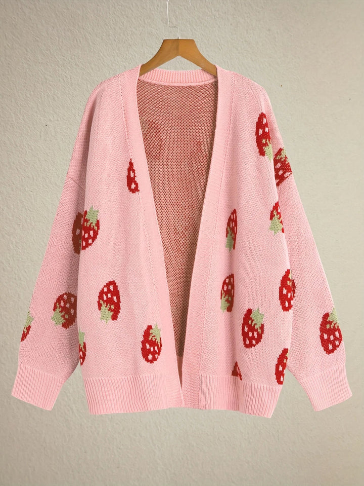 Oversized damesvest van breisel met aardbeienmotief