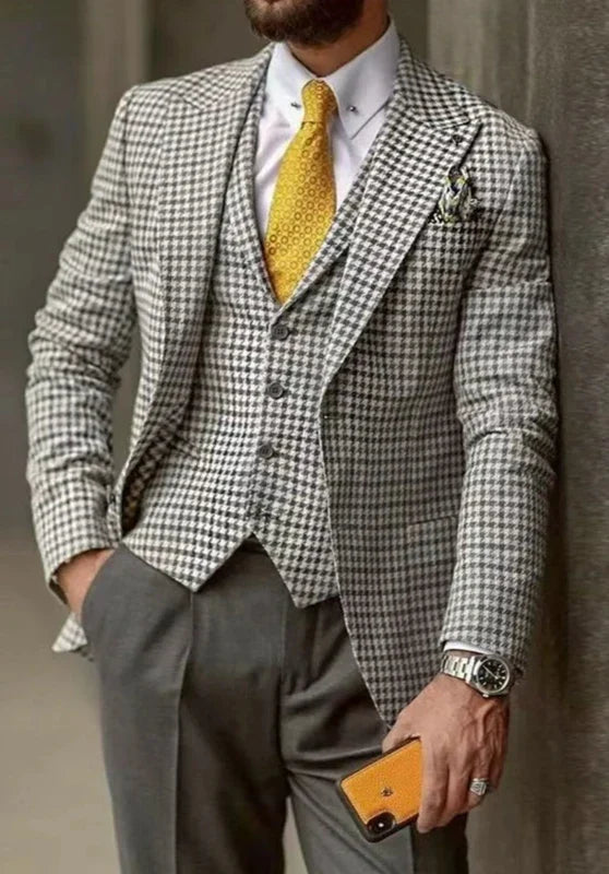 Costume Trois Pièces Homme Coupe Slim en Pied de Poule avec Col Notch et Gilet Boutonné
