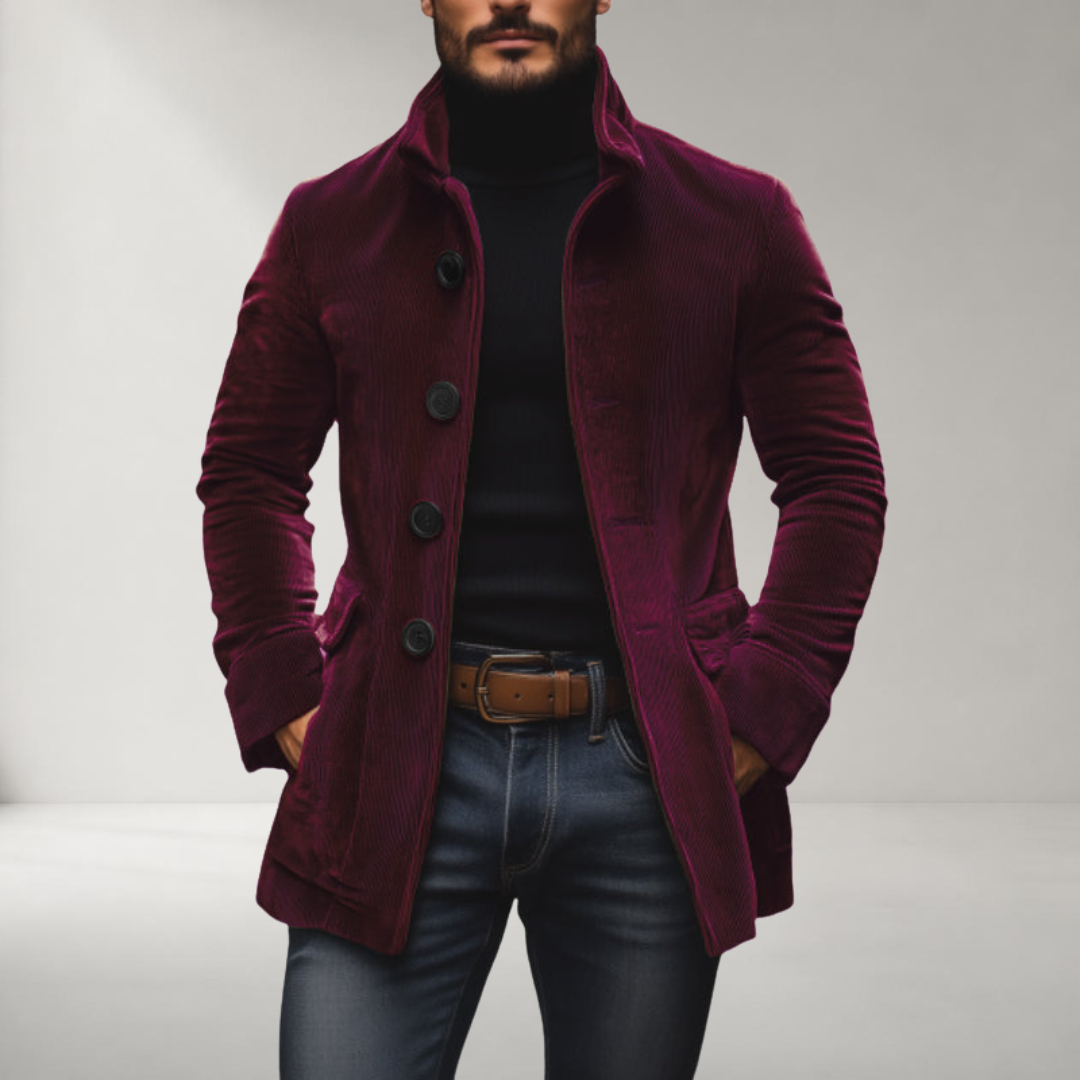 Manteau Court Homme Ajusté en Velours Côtelé à Col Montant