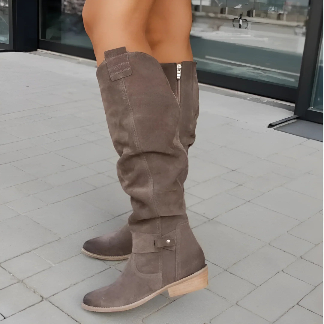 Bottes Hautes en Daim Femme – Zip Latéral et Talon Bloc