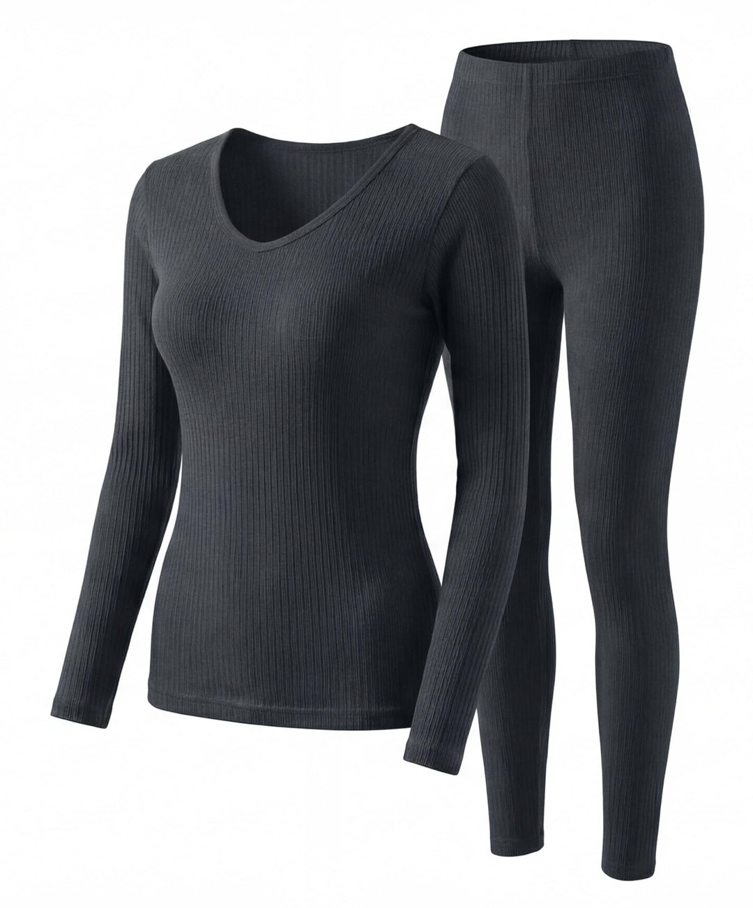 Completo termico da donna a coste con scollo a V e maniche lunghe