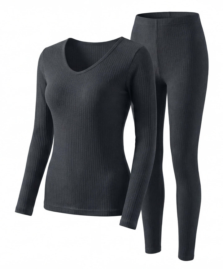 Completo termico da donna a coste con scollo a V e maniche lunghe