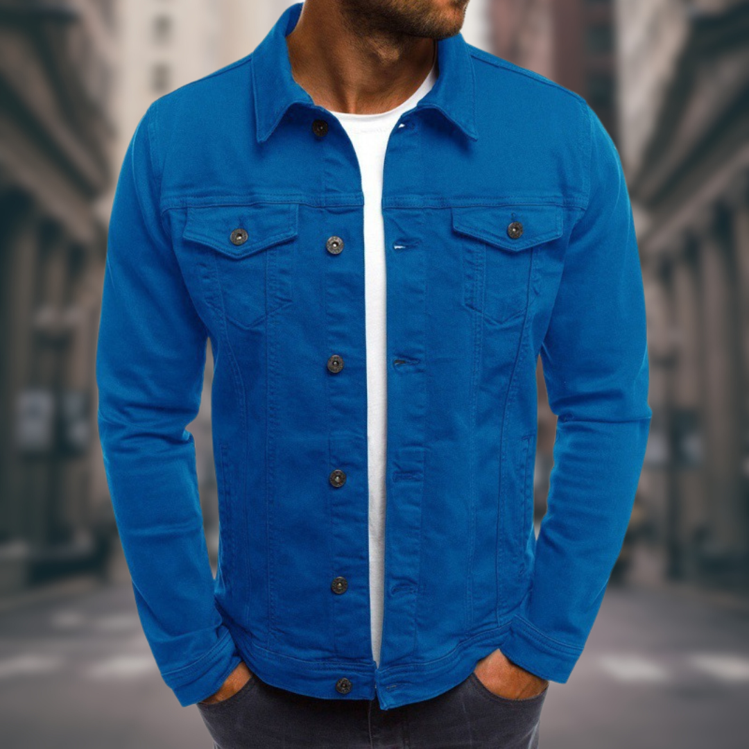Herenjas van denim met overhemdkraag en borstzakken