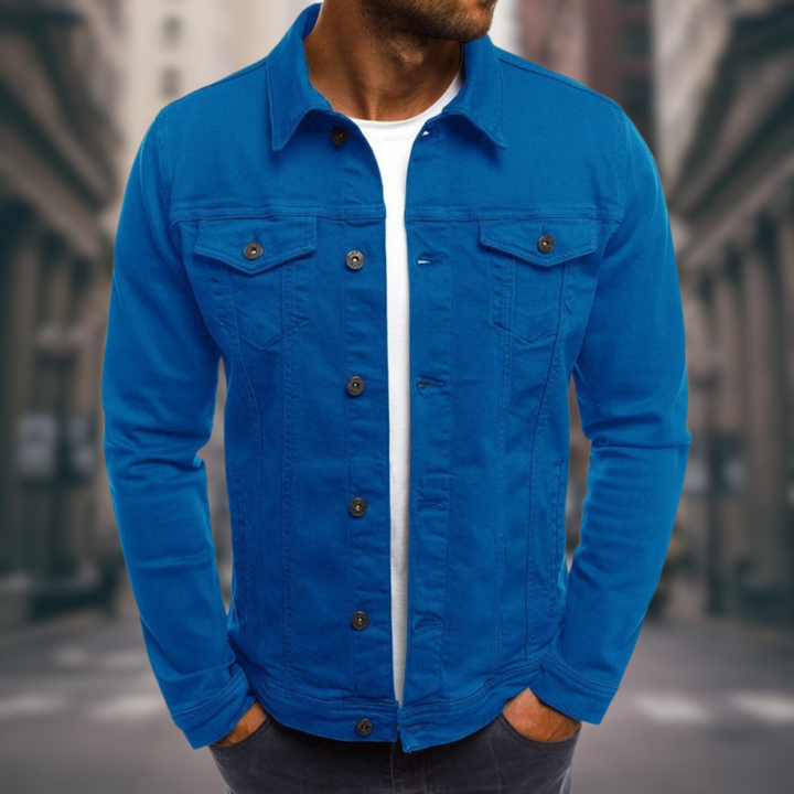 Herenjas van denim met overhemdkraag en borstzakken