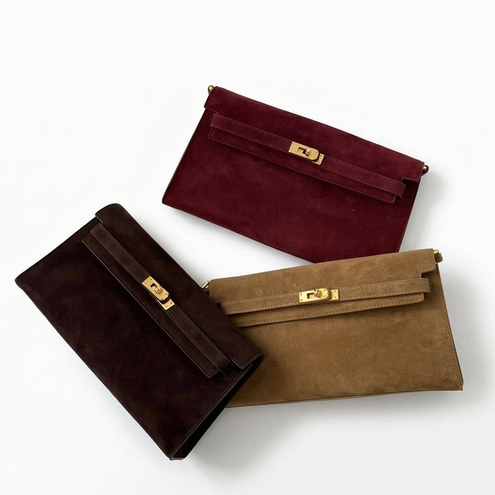 Women's genuine suede pochette bag with flap and turn-lock closure