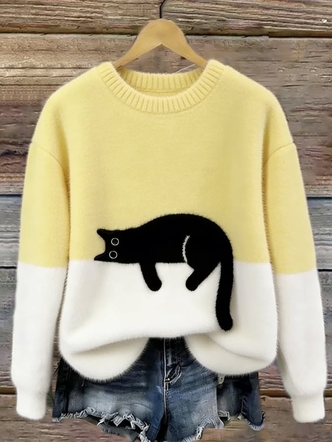 Women's knit sweatshirt - Two-tone with black cat motif