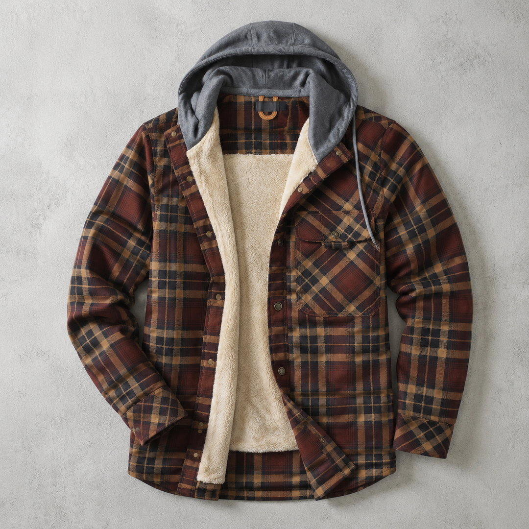 Men's plaid-pattern hooded overshirt lined with faux fur