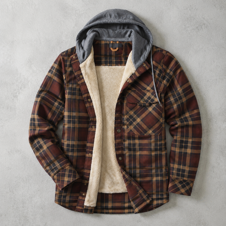 Men's plaid-pattern hooded overshirt lined with faux fur