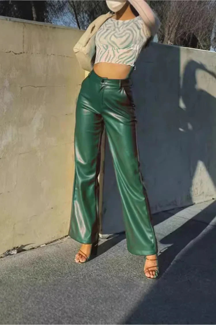Women's Straight-Leg Faux Leather Pants - Stretchy Mid-Rise with Pockets