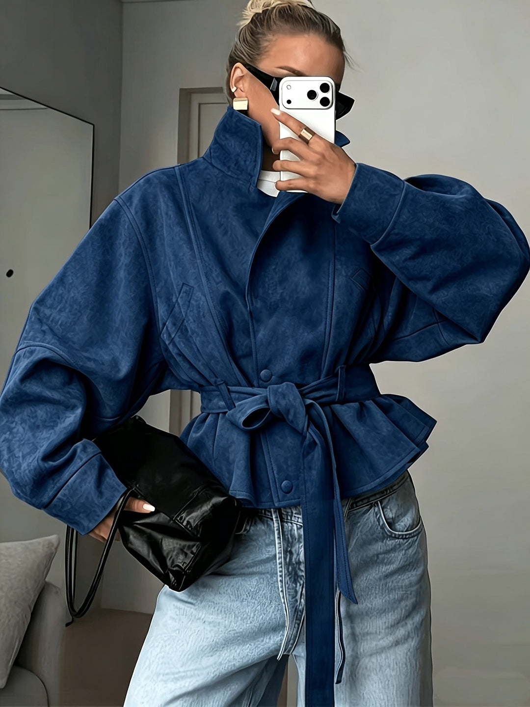 Veste Femme Col Montant Ceinturée En Daim Avec Manches Longues