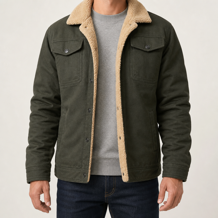 Men's Trucker Jacket Lined with Faux Fur and Chest Pockets