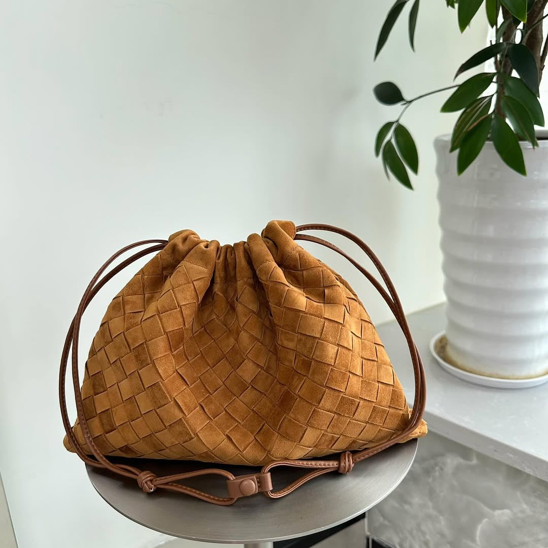 Sac À Épaule Femme en Daim Tissé Main avec Fermeture Cordon
