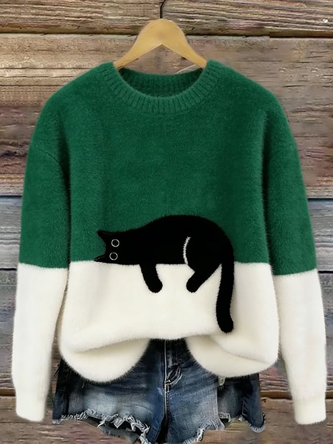 Women's knit sweatshirt - Two-tone with black cat motif