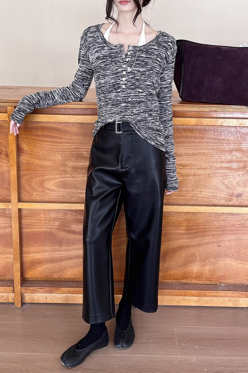 Women's Wide-Leg Trousers - Textured Matte PU Finish, Mid-Rise Waist