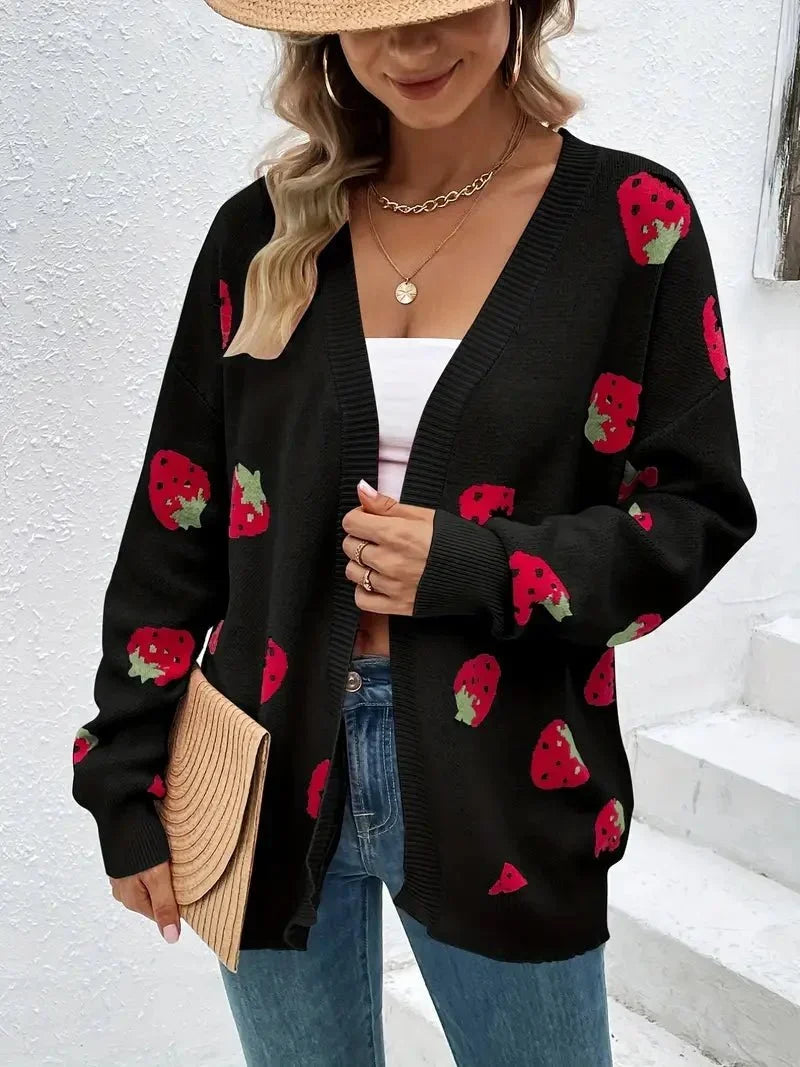 Oversized damesvest van breisel met aardbeienmotief