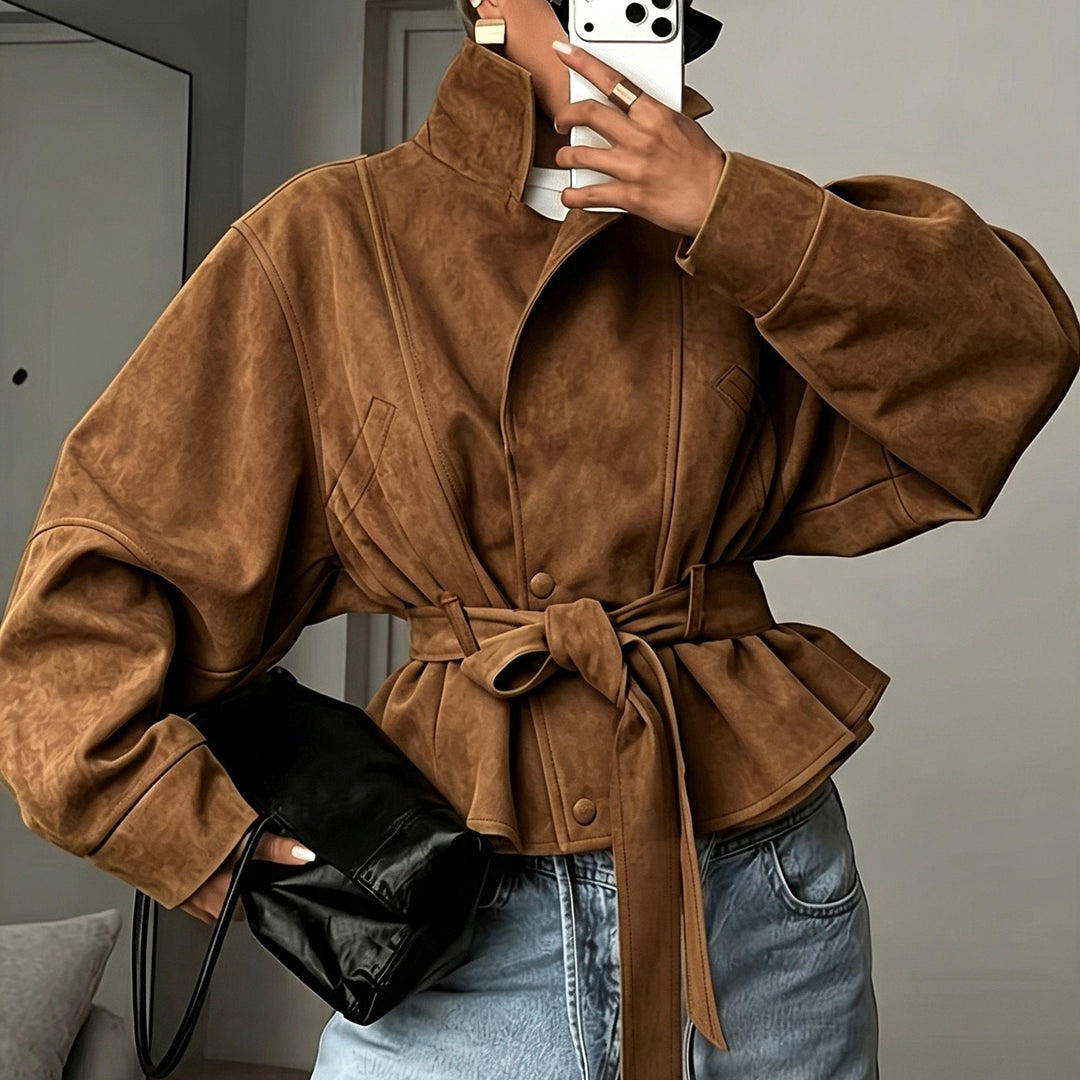 Veste Femme Col Montant Ceinturée En Daim Avec Manches Longues