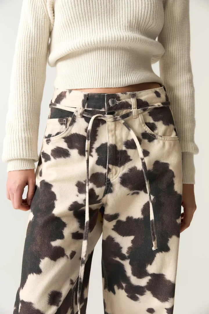 Damesrechte katoenen broek - vintage koeienprint met vervaagd effect