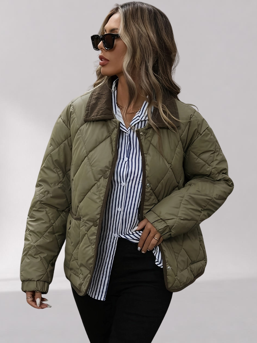 Veste Matelassée Oversize Femme avec Col en Velours Côtelé