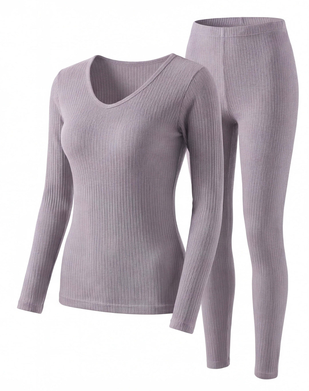 Completo termico da donna a coste con scollo a V e maniche lunghe