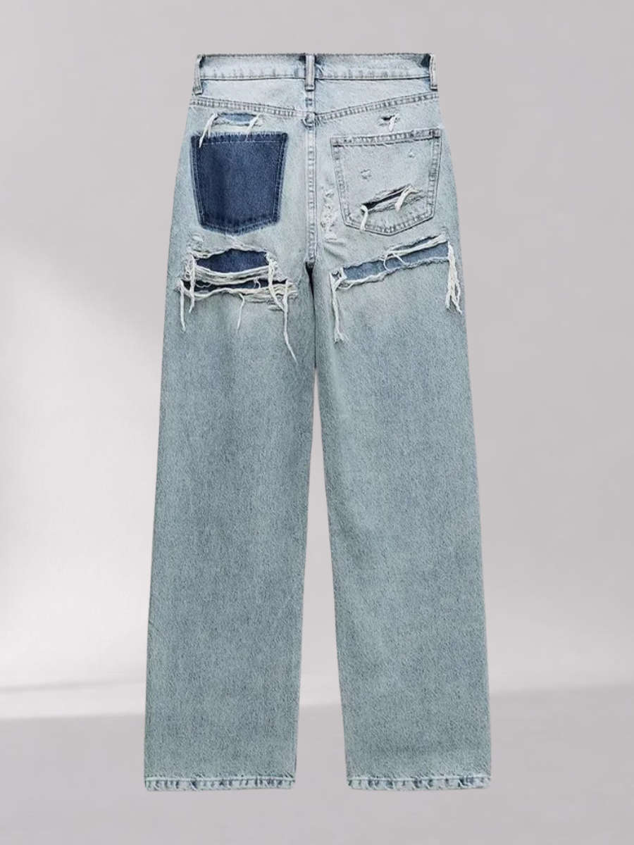 Pantalon en Denim Taille Haute Coupe Droite Femme