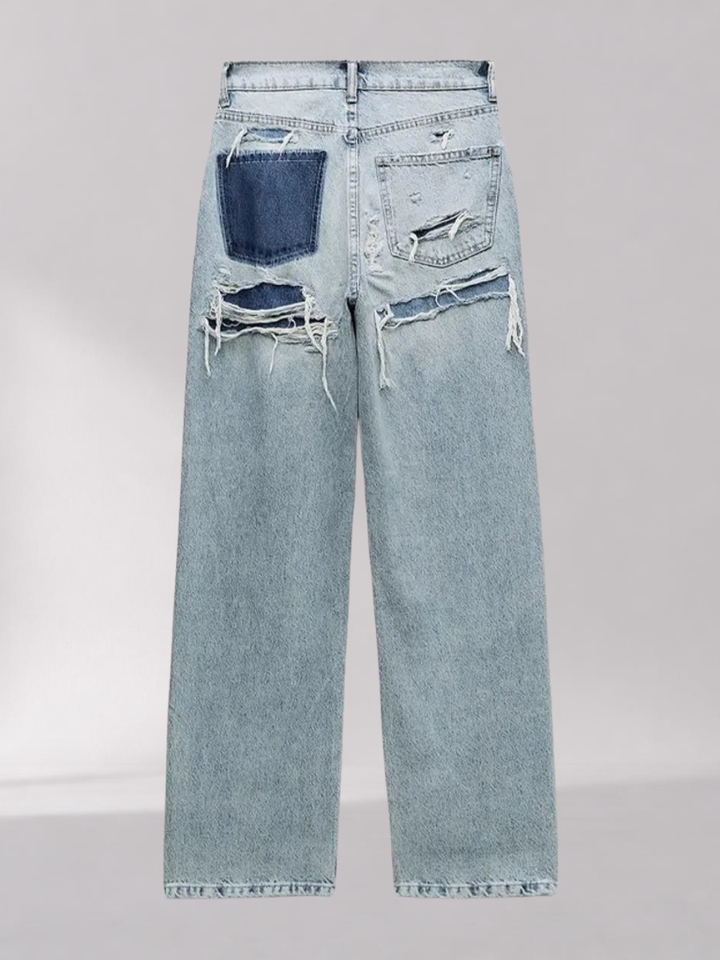 Pantalon en Denim Taille Haute Coupe Droite Femme