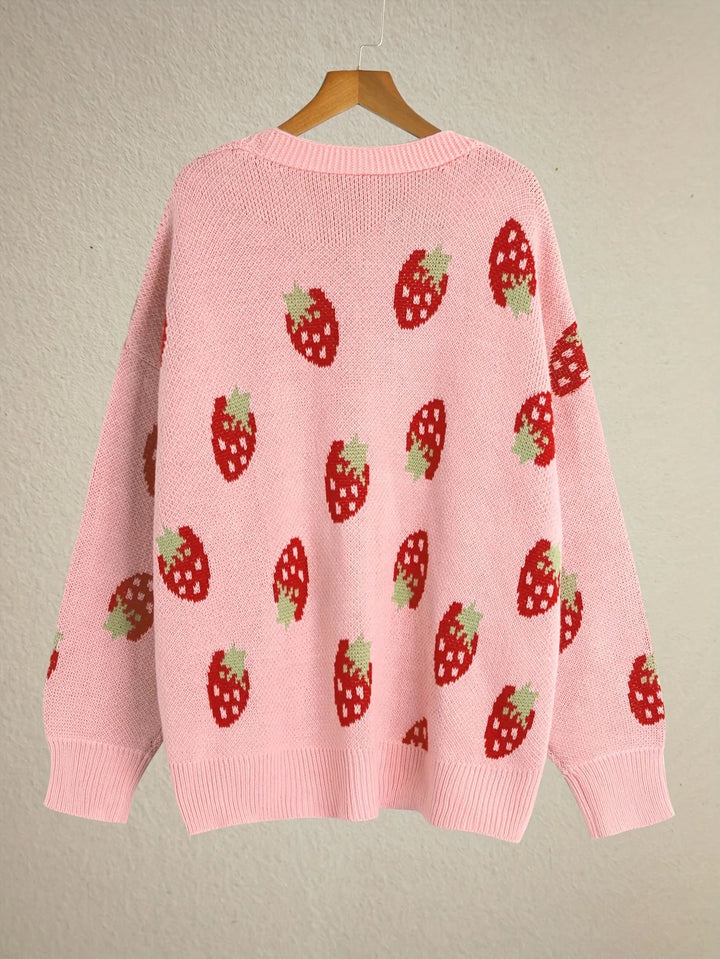 Oversized damesvest van breisel met aardbeienmotief
