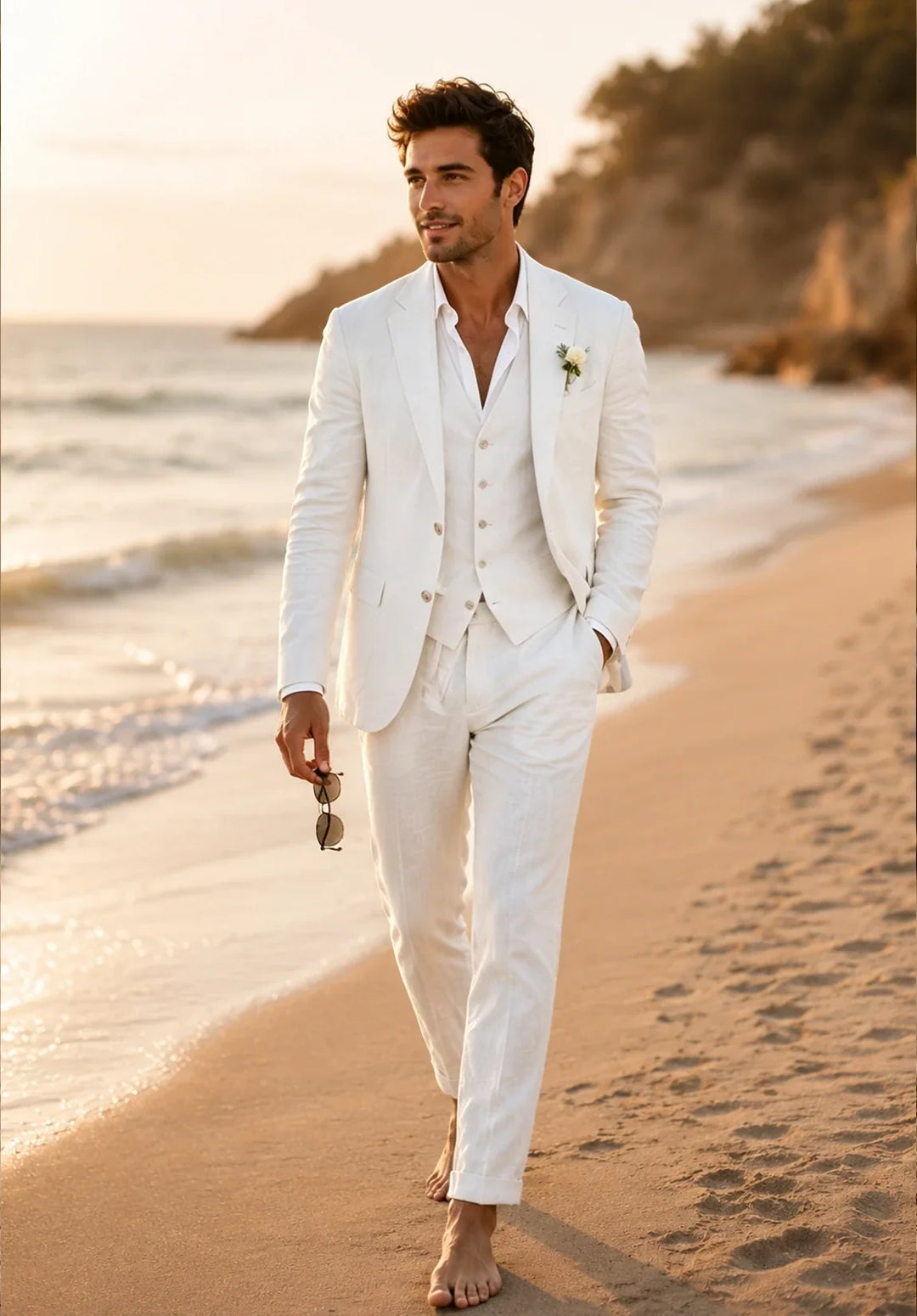 Costume Trois Pièces Homme Coupe Slim en Lin Respirant avec Col Notch et Gilet Six Boutons