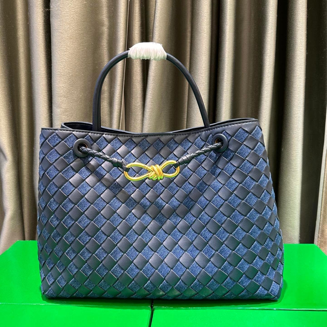 Women's denim and braided leather tote bag with handles