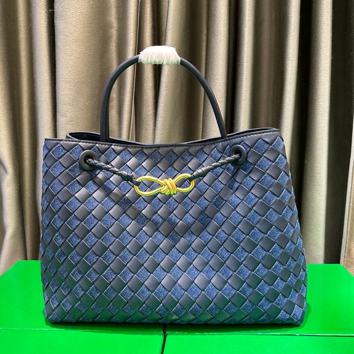 Women's denim and braided leather tote bag with handles
