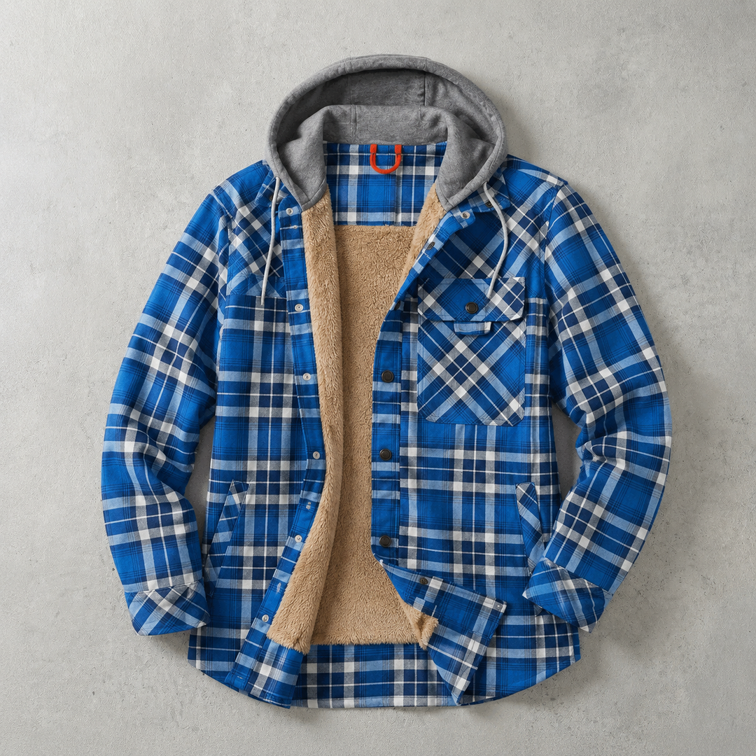 Men's plaid-pattern hooded overshirt lined with faux fur