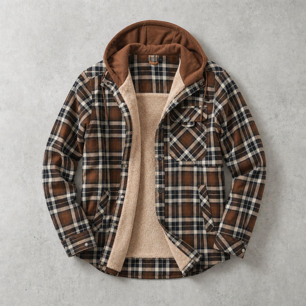 Men's plaid-pattern hooded overshirt lined with faux fur