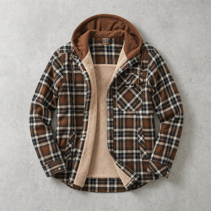 Men's plaid-pattern hooded overshirt lined with faux fur