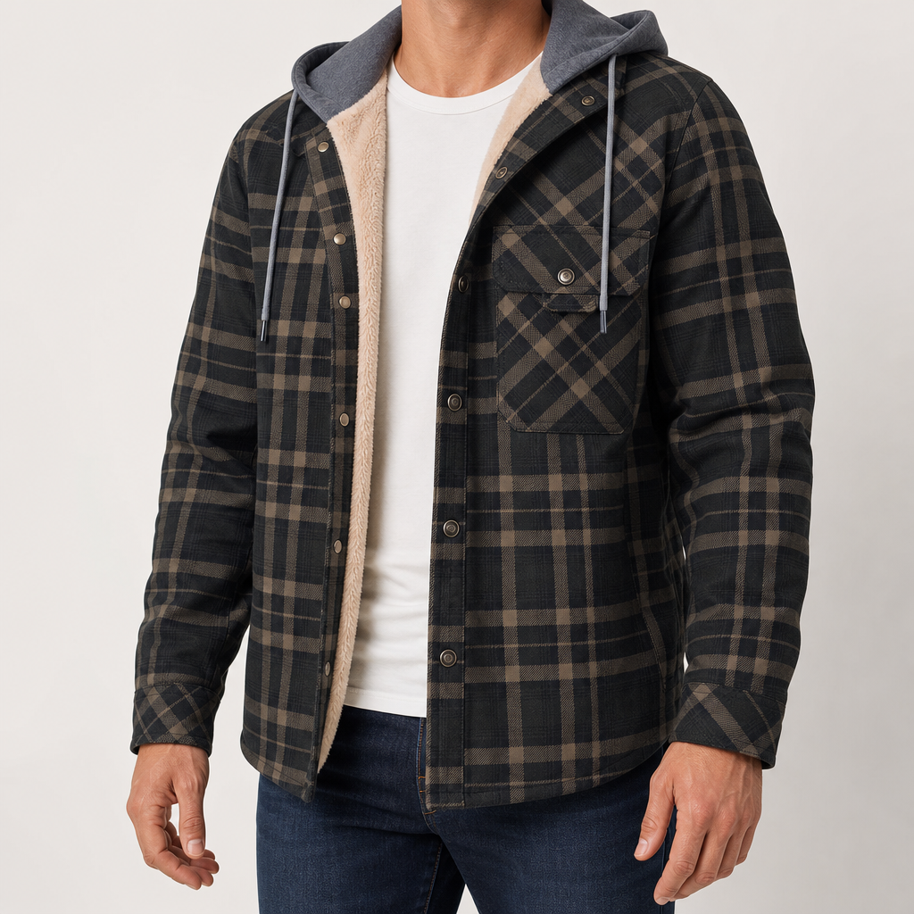 Men's plaid-pattern hooded overshirt lined with faux fur