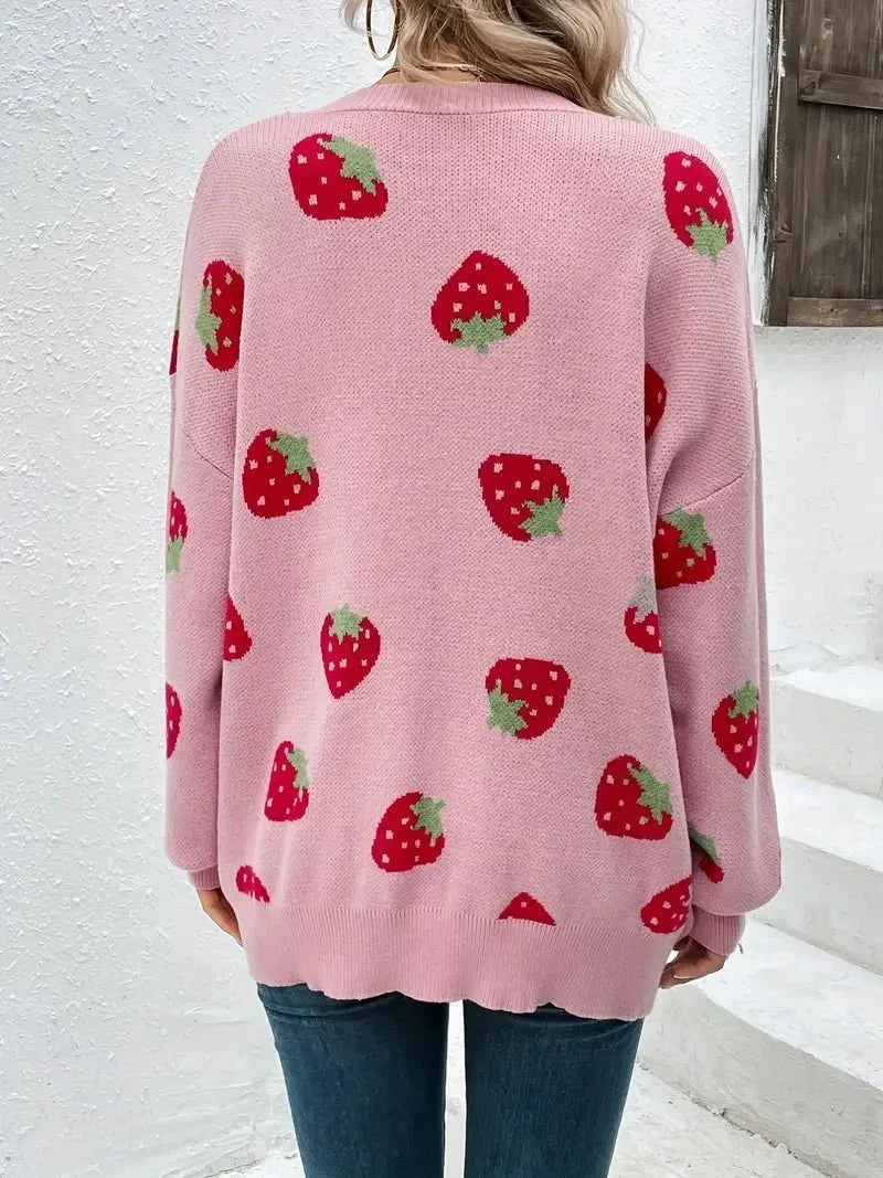 Oversized damesvest van breisel met aardbeienmotief