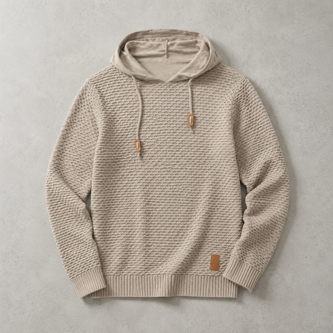 Gebreide hoodie voor heren met mandweefsel en trekkoord