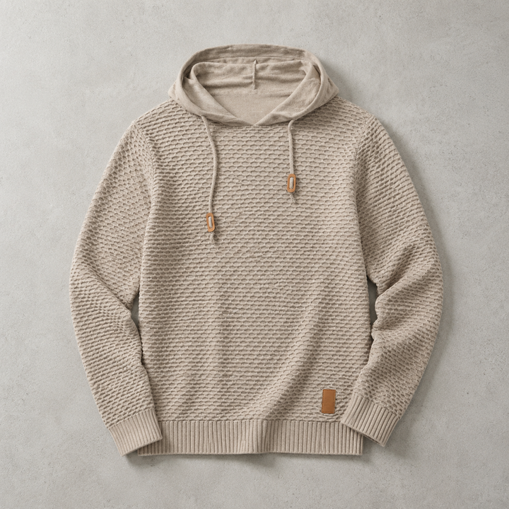 Gebreide hoodie voor heren met mandweefsel en trekkoord