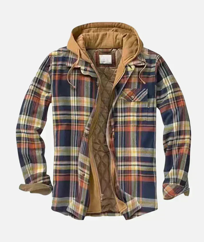 Giacca con cappuccio patchwork a quadri e fodera trapuntata da uomo
