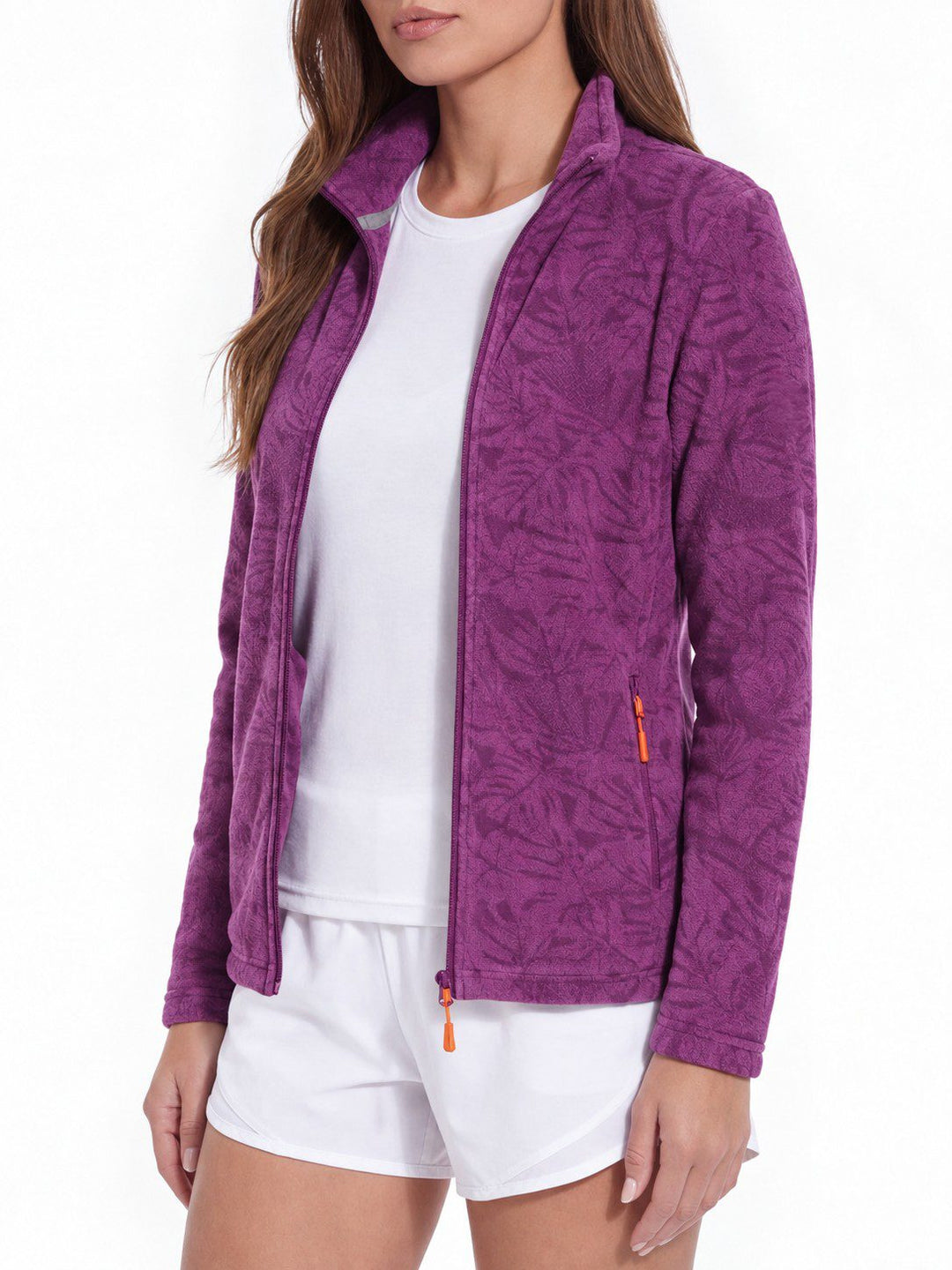Women's Zip-Up Fleece Jacket with Stand-Up Collar and Foliage Pattern