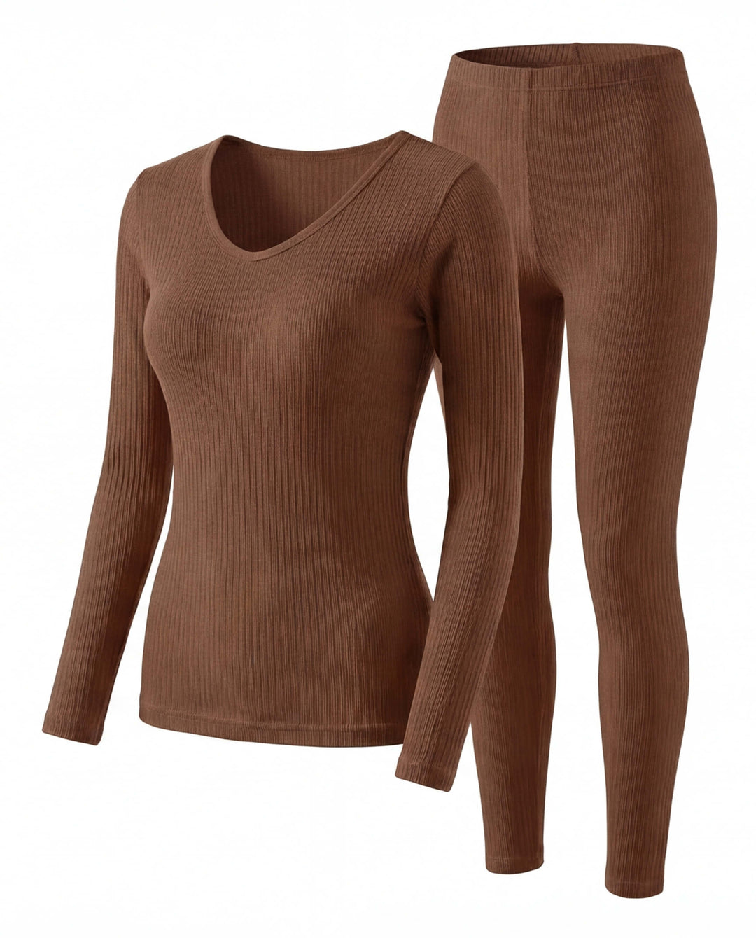 Completo termico da donna a coste con scollo a V e maniche lunghe