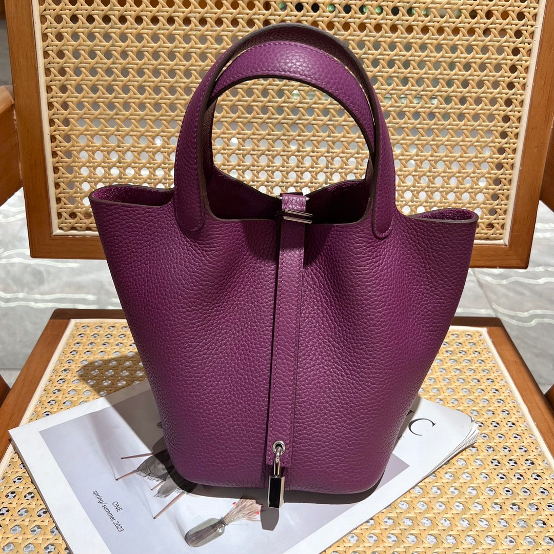 Women's Pebbled Leather Bucket Bag with Handle and Shoulder Strap
