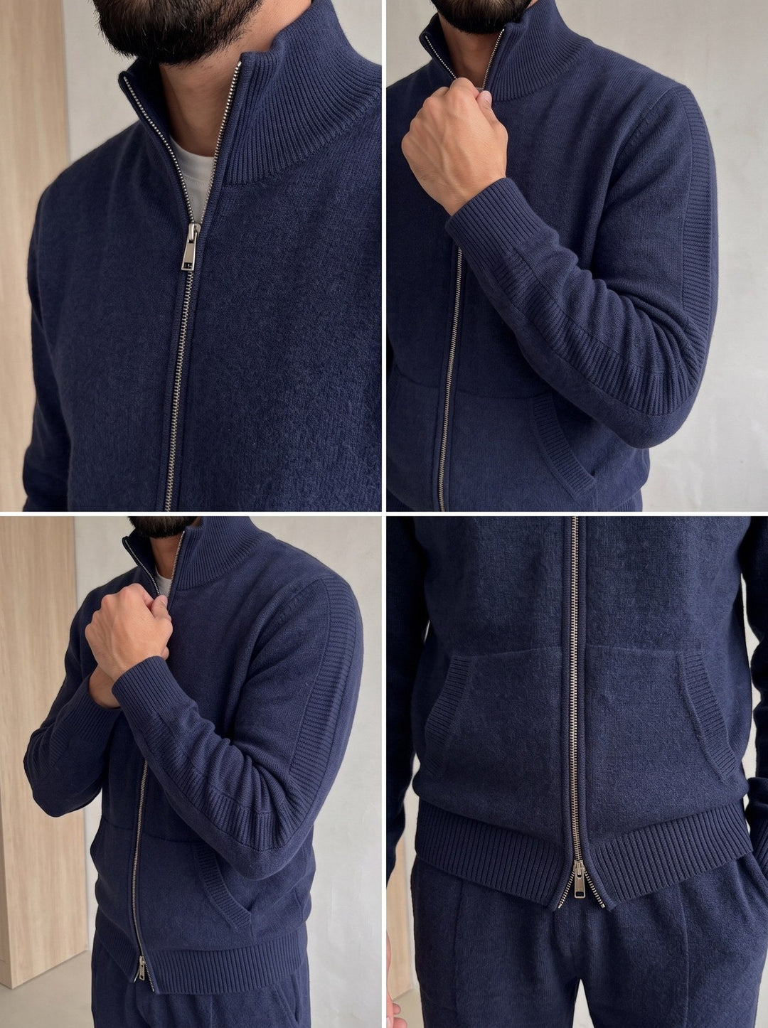 Ensemble Maille Homme Veste Zip Intégral Col Montant Et Pantalon Avec Poches