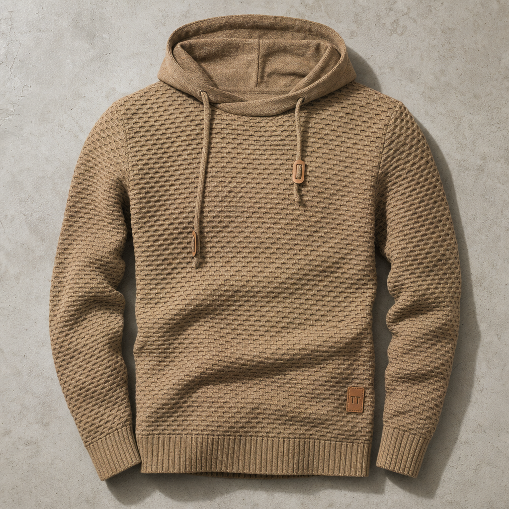 Gebreide hoodie voor heren met mandweefsel en trekkoord