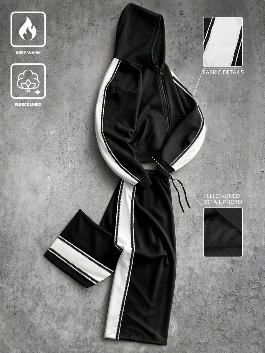 Herren-Trainingsanzug mit Kapuze und Reißverschluss sowie Hose mit kontrastierenden Streifen