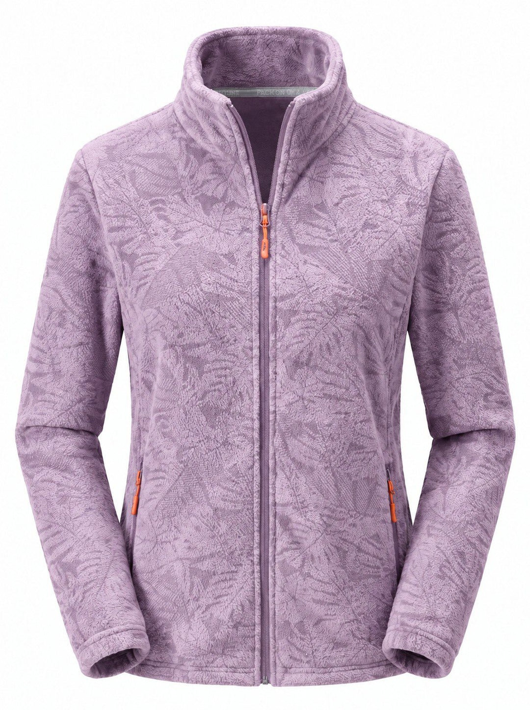 Women's Zip-Up Fleece Jacket with Stand-Up Collar and Foliage Pattern