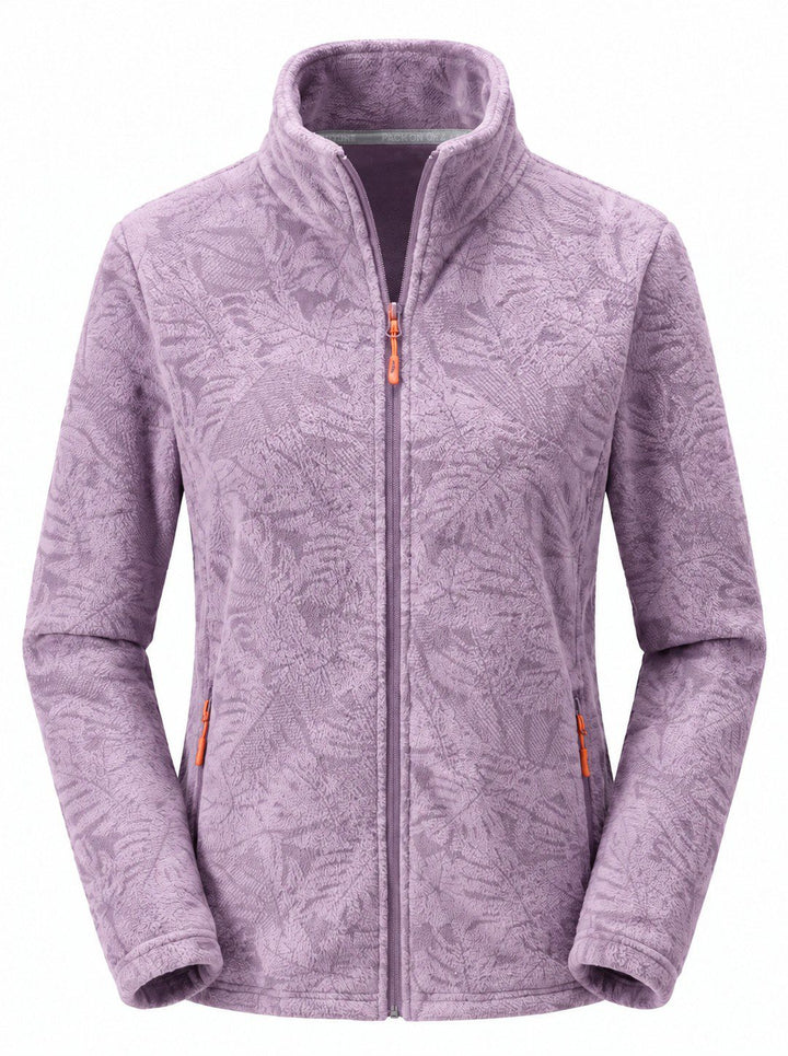 Women's Zip-Up Fleece Jacket with Stand-Up Collar and Foliage Pattern